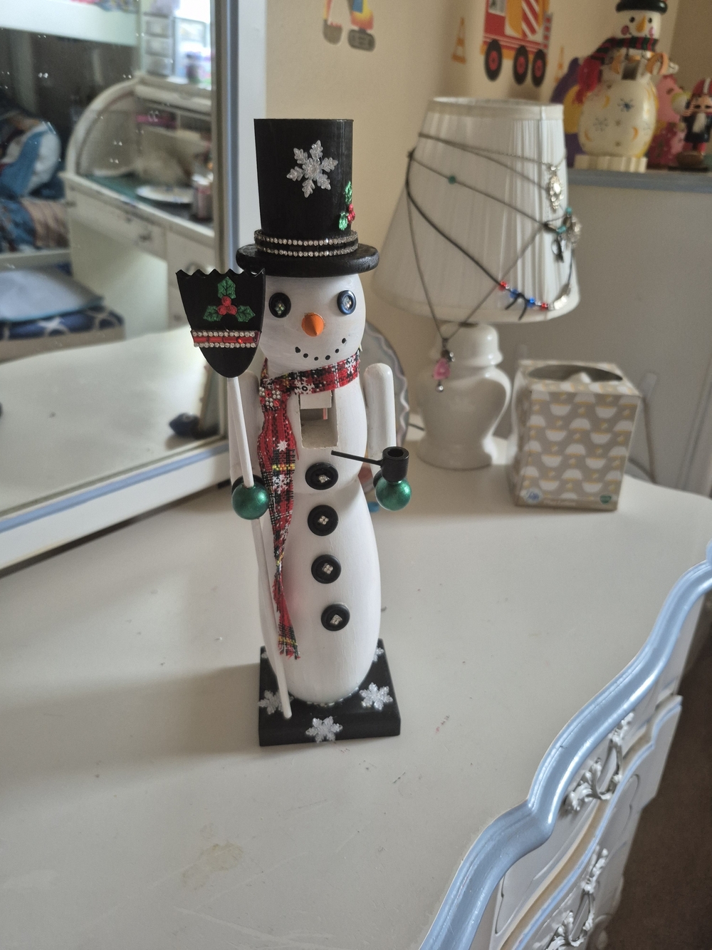 Festive White Snowman Holiday Figurine with Black Hat